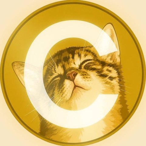The CateCoin token: a gold coin with a contented tabby cat behind a bright letter C
